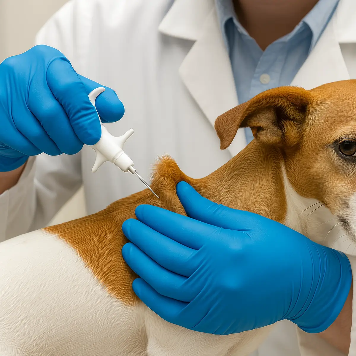 Veterinário com luvas azuis aplicando um microchip de identificação na região do dorso de um cão Jack Russell Terrier.
